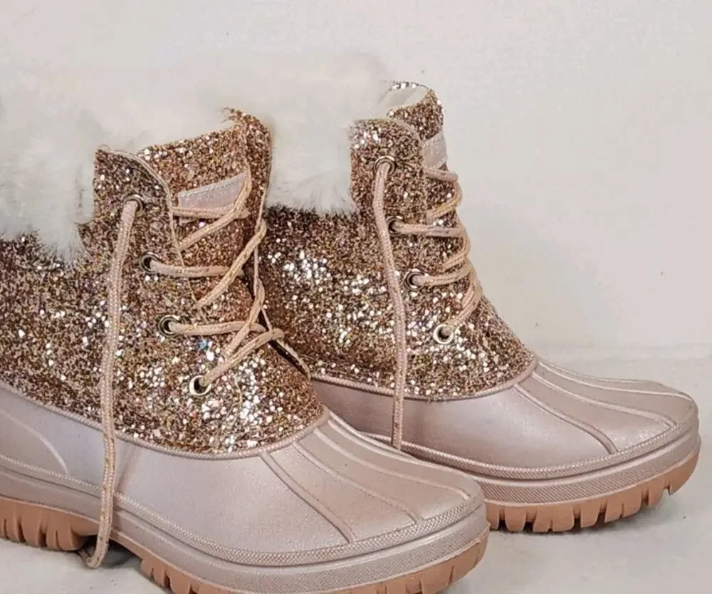 London Fog's Girl's Glitter Sherpa Cuff Boot Rose Gold Sz 3